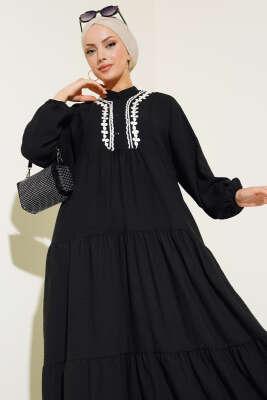 Dantel Detaylı Kat Kat Elbise Siyah - Tesettür Elbise