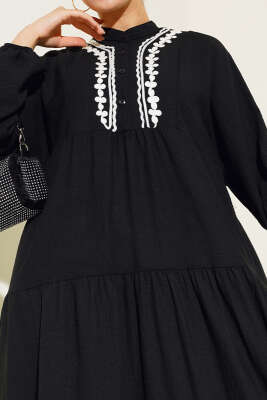 Dantel Detaylı Kat Kat Elbise Siyah - Tesettür Elbise