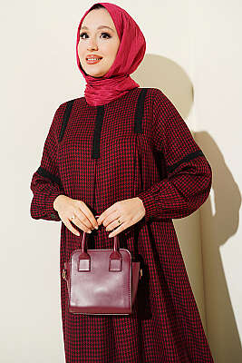 Dantel Detaylı Kazayağı Elbise Bordo - Fendel