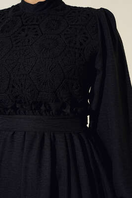 Dantel Detaylı Keten Elbise Siyah - Thumbnail