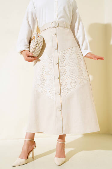 Dantel Detaylı Keten Etek Bej - Etek