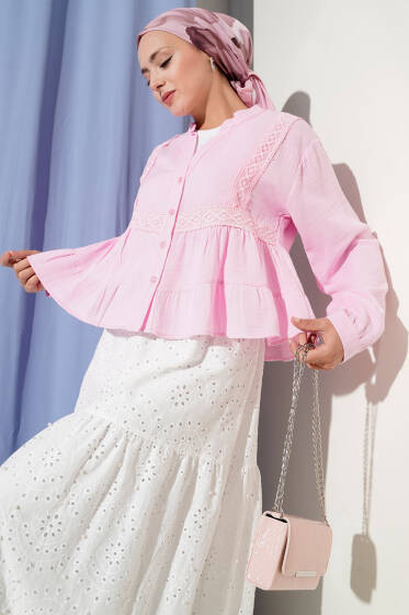 Dantel Detaylı Kısa Bluz Pembe - Bluz
