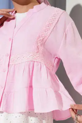 Dantel Detaylı Kısa Bluz Pembe - Bluz