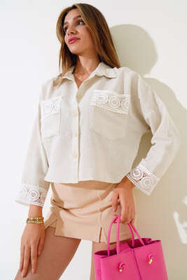 Dantel Detaylı Kısa Gömlek Taş Beyaz - Yeni Giyim