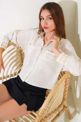 Dantel Detaylı Kısa Gömlek Taş 