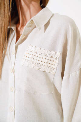 Dantel Detaylı Kısa Gömlek Taş - Yeni Giyim