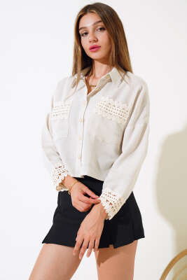 Dantel Detaylı Kısa Gömlek Taş - Yeni Giyim