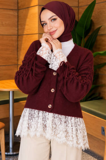 Dantel Detaylı Kolları Büzgülü Triko Hırka Bordo - Hırka