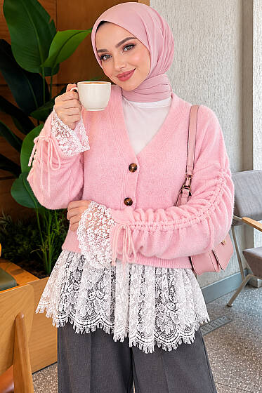 Dantel Detaylı Kolları Büzgülü Triko Hırka Pembe - ÇOK SATANLAR