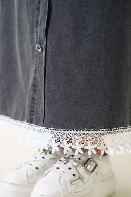 Dantel Detaylı Kot Etek Füme - Uzun Etek