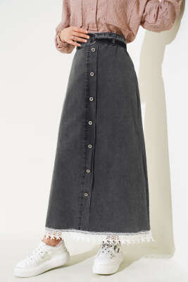 Dantel Detaylı Kot Etek Füme - Uzun Etek