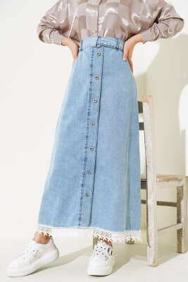 Dantel Detaylı Kot Etek Kot Mavisi - Uzun Etek