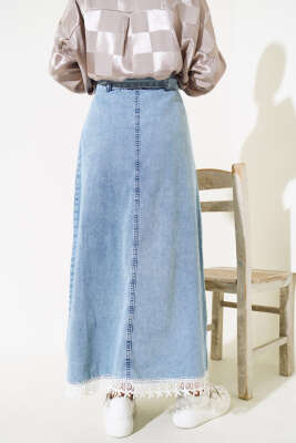 Dantel Detaylı Kot Etek Kot Mavisi - Uzun Etek