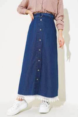 Dantel Detaylı Kot Etek Lacivert - Uzun Etek