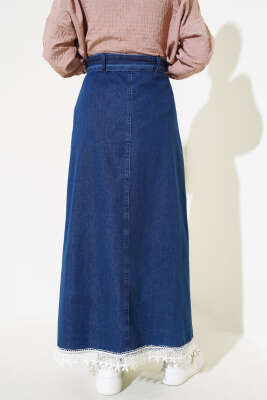 Dantel Detaylı Kot Etek Lacivert - Uzun Etek