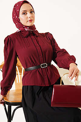 Dantel Detaylı Pensli Kısa Gömlek Bordo - WENNA DESIGN
