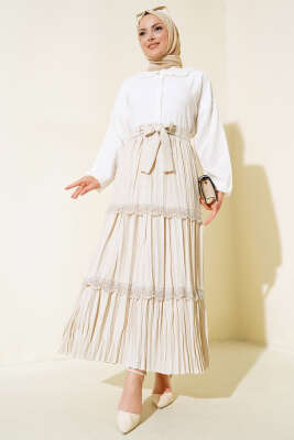 Dantel Detaylı Pileli Keten Etek Bej - Uzun Etek