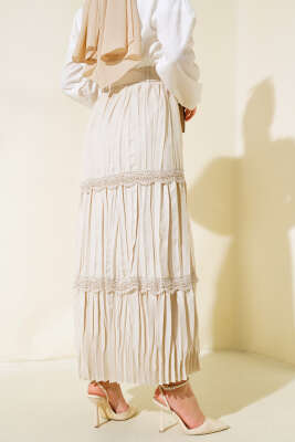 Dantel Detaylı Pileli Keten Etek Bej - Uzun Etek