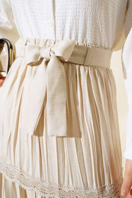 Dantel Detaylı Pileli Keten Etek Bej - Uzun Etek