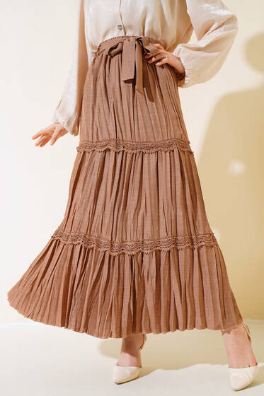 Dantel Detaylı Pileli Keten Etek Camel - Etek