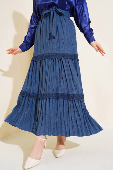 Dantel Detaylı Pileli Keten Etek İndigo - Etek