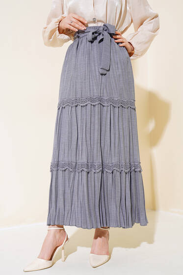 Dantel Detaylı Pileli Keten Etek Gri - Etek