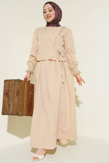 Dantel Detaylı Poplin Jile Elbise Bej - Elbise