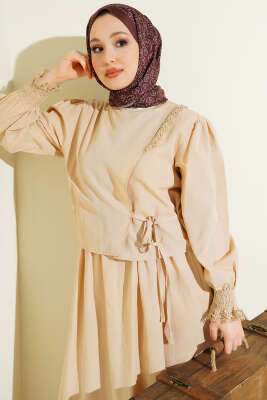 Dantel Detaylı Poplin Jile Elbise Bej - Elbise