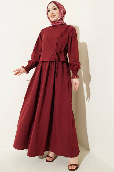Dantel Detaylı Poplin Jile Elbise Bordo - Elbise