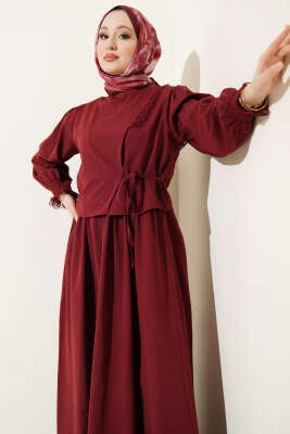 Dantel Detaylı Poplin Jile Elbise Bordo - Elbise