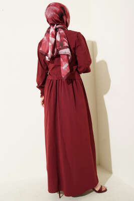 Dantel Detaylı Poplin Jile Elbise Bordo - Elbise