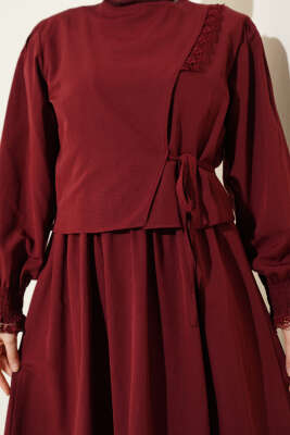Dantel Detaylı Poplin Jile Elbise Bordo - Elbise