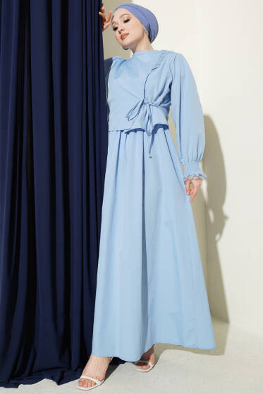 Dantel Detaylı Poplin Jile Elbise Buz Mavisi - Elbise