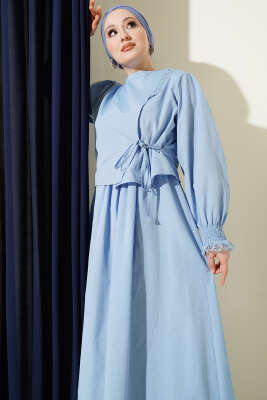 Dantel Detaylı Poplin Jile Elbise Buz Mavisi - Elbise