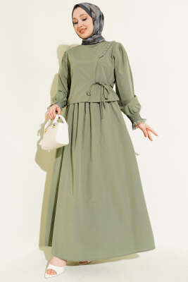 Dantel Detaylı Poplin Jile Elbise Haki - ASMİN