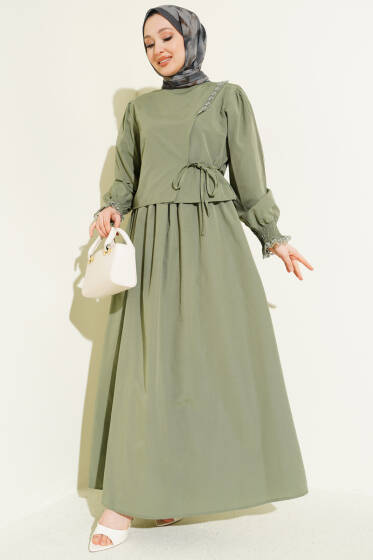 Dantel Detaylı Poplin Jile Elbise Haki - Elbise