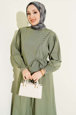 Dantel Detaylı Poplin Jile Elbise Haki - Elbise