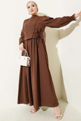Dantel Detaylı Poplin Jile Elbise Kahve - ASMİN