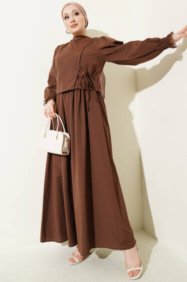 Dantel Detaylı Poplin Jile Elbise Kahve - Elbise
