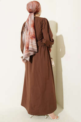 Dantel Detaylı Poplin Jile Elbise Kahve - Elbise