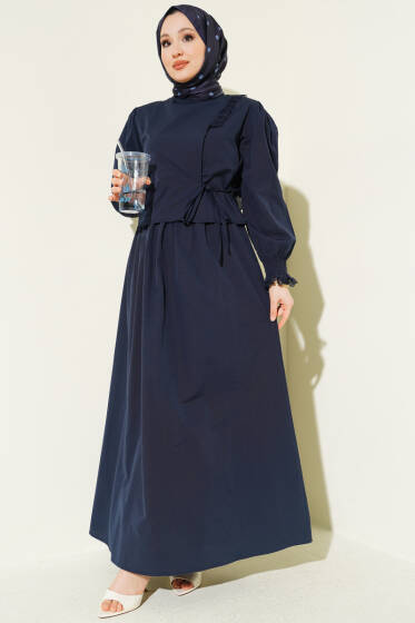 Dantel Detaylı Poplin Jile Elbise Lacivert - Elbise