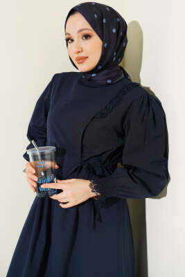 Dantel Detaylı Poplin Jile Elbise Lacivert - Elbise