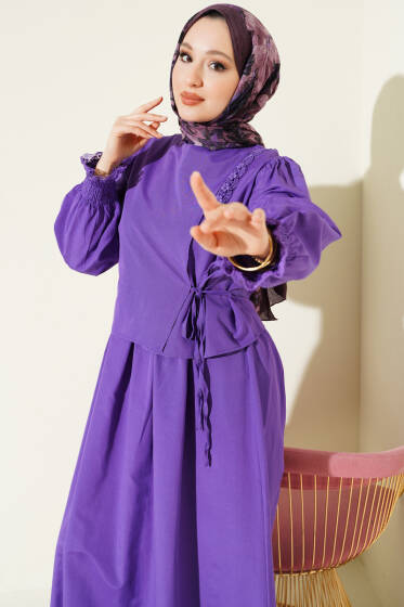 Dantel Detaylı Poplin Jile Elbise Mor - Elbise