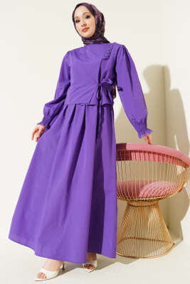 Dantel Detaylı Poplin Jile Elbise Mor - Elbise