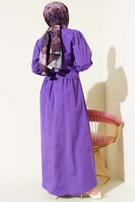 Dantel Detaylı Poplin Jile Elbise Mor - Elbise