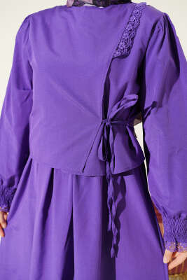 Dantel Detaylı Poplin Jile Elbise Mor - Elbise