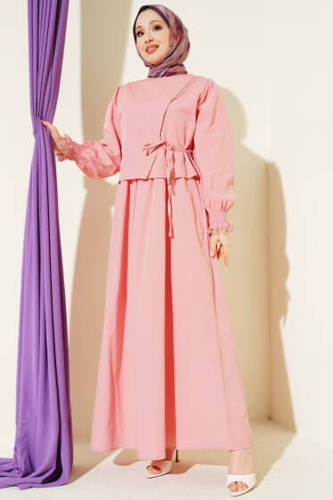 Dantel Detaylı Poplin Jile Elbise Pudra - Elbise