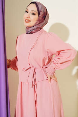 Dantel Detaylı Poplin Jile Elbise Pudra - Elbise