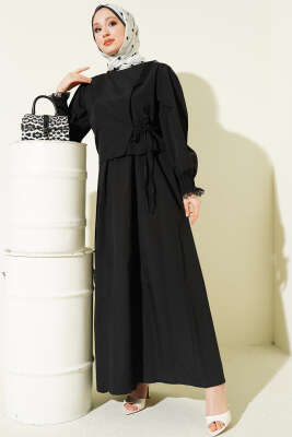 Dantel Detaylı Poplin Jile Elbise Siyah - ASMİN