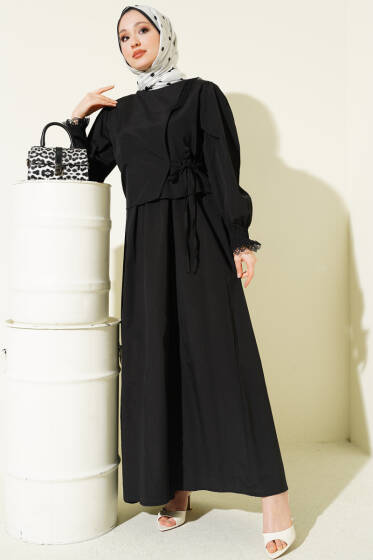 Dantel Detaylı Poplin Jile Elbise Siyah - Elbise
